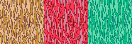 Abstract waves seamless pattern set vector design. Hand drawn wavy flames on isolated yellow, red and green background. Use for fabric, wallpaper and wrapping paper.のイラスト素材