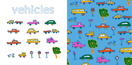 Vehicles children doodle seamless pattern set vector design. Cars and city elements in hand drawn style on isolated white and blue background. Use for fabric, wallpaper and wrapping paper.のイラスト素材