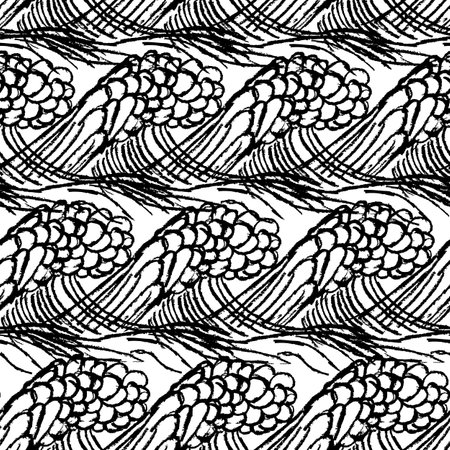 Ocean wave sketch seamless pattern vector design. Monochrome natural elements on isolated white background. Use for wallpaper, fabric and wrapping paper.のイラスト素材