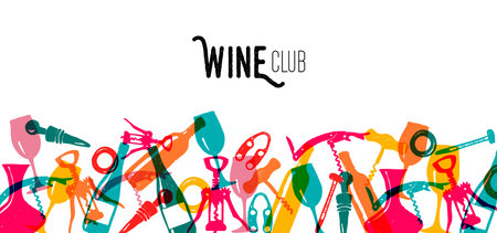 Multicolor wine club doodle vector design. Colorful kitchen elements on isolated white background. Use for wallpaper, decoration and wrapping paper.のイラスト素材