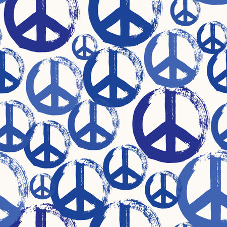 Peace and love symbol in brushstroke paint seamless pattern illustration.  Circle shape icon in modern grunge blue paint line on isolated white background. Use for fabric, wallpaper and wrapping paper.のイラスト素材