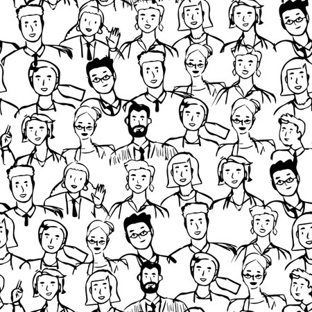 Diverse people in hand draw seamless pattern illustration. diverse group of men and women drawn with black lines on isolated background in doodle style. Use for fabric, wallpaper and wrapping paper.のイラスト素材