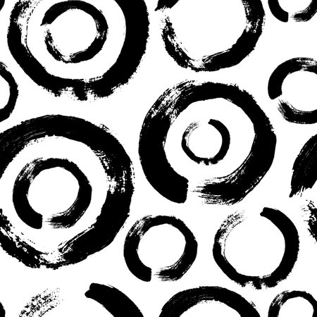 Abstract zen circle brush strokes painting seamless pattern illustration. Modern paint line in black ink on isolated white background. Use for fabric, wallpaper and wrapping paper.のイラスト素材