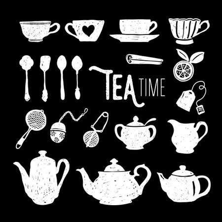 Black and white tea time doodle vector illustration design. Monochrome tea tableware elements on isolated background. Art brush hand drawing style objects.のイラスト素材