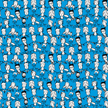 Diverse crowd of people in hand draw seamless pattern illustration. Group of men and women drawn with black lines on blue isolated background in doodle style. Use for fabric, wallpaper and wrapping paper.のイラスト素材