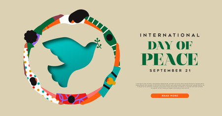 International day of peace vector banner illustration. Circle of people friend group hugging together and 3d paper cut dove bird with olive branch. Graphic design to celebrate the day dedicated to the ideals of peace, respect, non-violence and cease-fire.のイラスト素材