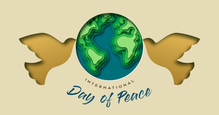 International day of peace 3d papercut vector illustration of cutout dove bird animals and planet earth with quote text on isolated background. Graphic design to celebrate the day dedicated to the ideals of peace, respect, non-violence and cease-fire.のイラスト素材