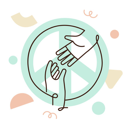 People hands reaching out for each other and peace symbol. Concept of social help, cooperation, non-violence, no war. Modern flat outline style cartoon.のイラスト素材