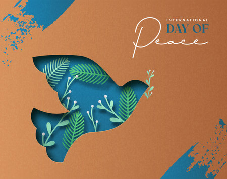 International day of peace vector card illustration of 3d paper cut dove bird animal with cutout pine tree leaf decoration inside and olive branch. Graphic design to celebrate the day dedicated to the ideals of peace, respect, non-violence and cease-fire.のイラスト素材