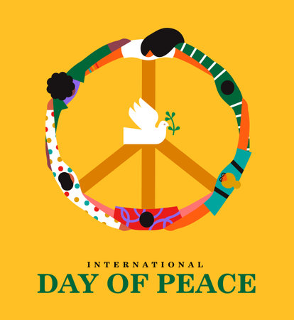 International day of peace vector banner illustration. People group hugging in a circle creating the shape of the peace symbol and white dove with olive branch. Celebrated the day dedicated to the ideals of peace, respect, non-violence and ceasefire.のイラスト素材