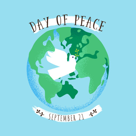 International day of peace card vector illustration of green world with white dove bird inside. Poster design concept to celebrate the ideals of peace, respect, non-violence and cease-fire.のイラスト素材