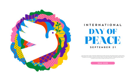 International day of peace social web banner illustration. Colorful people faces together in creative art colors with white dove on isolated background for diverse social group to celebrate the ideals of peace, respect, non-violence and ceasefire.のイラスト素材