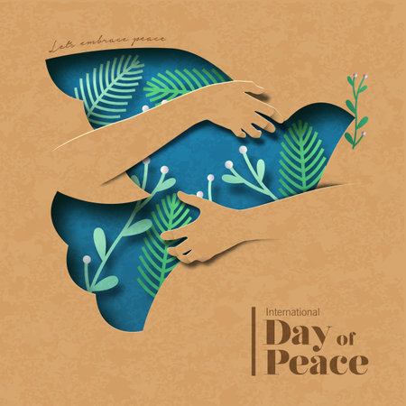 International day of peace paper cut vector card illustration of human arms hugging dove bird animal. Graphic design concept to celebrate the  ideals of peace, respect, non-violence and cease-fire.のイラスト素材