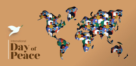 International day of peace vector banner illustration. 3D papercut world map with diverse people group inside and white dove bird symbol. Graphic design to celebrate the ideals of peace, respect, non-violence and cease-fire.のイラスト素材