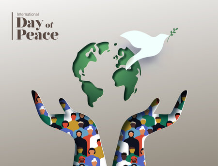 International day of peace vector card illustration. Hands with diverse people group inside in papercut design, world map and white dove symbol concept. Poster celebrate the ideals of peace, respect, non-violence and cease-fire.のイラスト素材