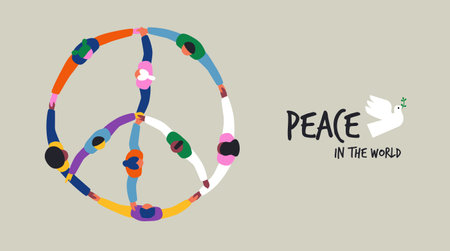Colorful diverse people group holding hands together in big round circle form the symbol of peace and love. Flat art vector banner illustration to celebrate the ideals of peace, respect, non-violence and cease-fire.のイラスト素材