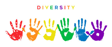 Set of different handprints in rainbow colors. Diversity concept vector design on white isolated background. Collection of diverse shapes of hand prints to use in campaigns for eventsのイラスト素材