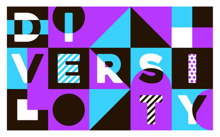 Diversity calligraphy vector card design illustration. Color abstract geometric template with simple shapes on purple background. Use for idea of diverse gender, religion, disability, sexual orientation and ethnicity.のイラスト素材