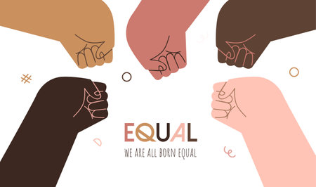 Equal concept illustration. Hands of diverse skin colors together making fist bumps template on white isolated background. Race equality concept. Modern flat cartoon friend arms.のイラスト素材