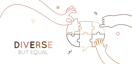 Diversity of races and cultures greeting card illustration of human hands putting together speech bubble puzzle for communication idea. 
Various arms of different skin colors for equality concept. Modern flat cartoon outline.のイラスト素材