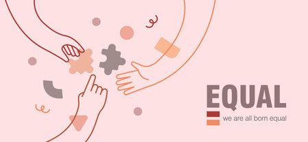 Equality concept web banner illustration of diverse human hands together. Diversity skin colors arms on isolated background, modern flat cartoon outline arms with trendy geometric shapes.のイラスト素材