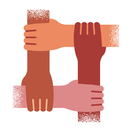 Diversity and equality concept vector illustration. Holding hands of different skin colors gesture symbol in flat design style on white isolated background. Use for idea of cooperation, solidarity, migration and multiethnic.のイラスト素材