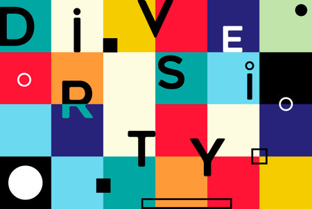 Diversity calligraphy vector design illustration. Multicolored abstract geometric background with pattern of squares and simple shapes. Use for idea of diverse gender, religion, disability, sexual orientation and ethnicity.のイラスト素材