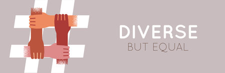 Cultural and racial diversity and equality web banner illustration of diverse skin colors hands making heashtag symbol and quote text for social media event campaign.のイラスト素材