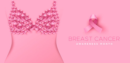 Breast Cancer Awareness Month banner illustration of pink woman body with 3d pink ribbons bra underwear design. October campaign concept for prevention or women health care support.のイラスト素材