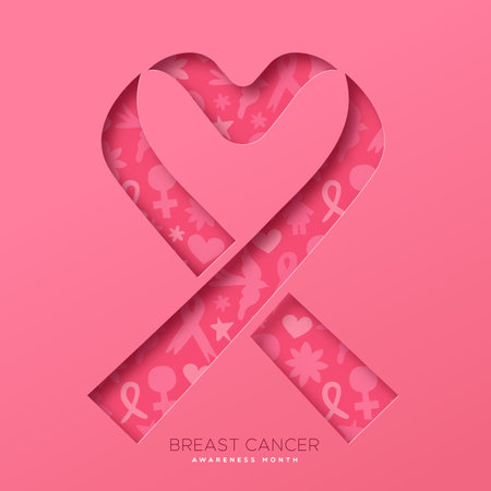 Breast Cancer Awareness Month vectro card illustration. Pink ribbon heart shaped in modern papercut style with pattern decoration inside. Disease prevention campaign or women health care concept.のイラスト素材