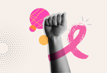 Breast Cancer awareness month card illustration. Pink ribbon and hand fist up power in retro collage craft style. Design concept for disease prevention or october support campaign.のイラスト素材