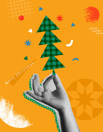 Merry Christmas Happy New Year greeting card vector design. Human hand holding a season tree pine. Trendy halftone collage mixed media 90s style and colorful retro flat elements illustrations.のイラスト素材