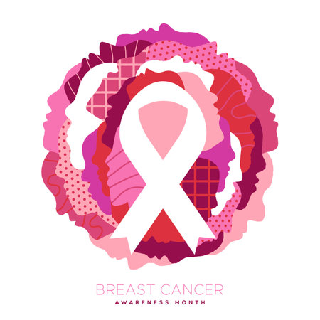Breast Cancer Awareness Month web banner illustration of diverse pink women faces together and pink ribbon shape. Woman health care support concept. Medical prevention holiday event on october.のイラスト素材