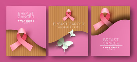 Breast cancer awareness month pink paper cut greeting card set. 3D papercut pink ribbon and butterfly on recycled cardboard material texture in cutout background style. October campaign concept for prevention or women health care support.のイラスト素材