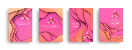 Breast cancer awareness month pink paper cut greeting card set. 3D pink ribbon in cutout background style. Collection of october campaign concept for prevention or women health care support.のイラスト素材