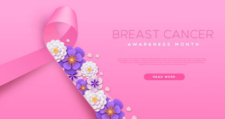 Breast Cancer Awareness Month vector web template illustration of 3D paper cut spring flowers with pink ribbon symbol. October campaign concept for prevention or women health care support.のイラスト素材
