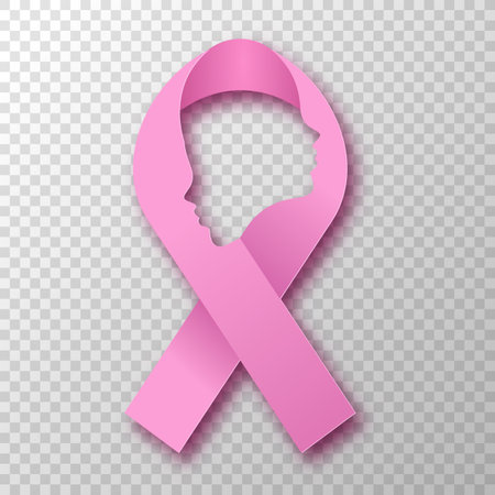 Breast Cancer Awareness vector illustration concept of 3d papercut pink ribbon with woman face shape. Isolated element on transparent background. Modern paper craft design for women health care support.のイラスト素材
