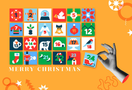 Christmas advent calendar vector illustration. Flat cartoon icons with festive xmas season decoration in flat design. Human hand in trendy halftone collage mixed media 90s style. Concept for holiday season countdown number.のイラスト素材