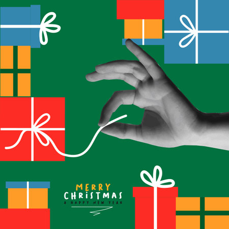 Merry Christmas Happy New Year greeting card vector design. Human hands open xmas red gift box. Trendy halftone collage mixed media 90s style and colorful retro flat elements illustrations.のイラスト素材