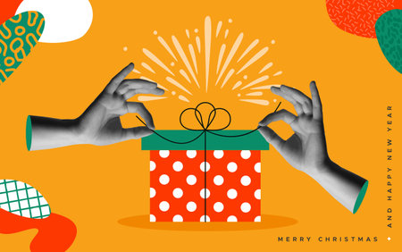 Merry Christmas Happy New Year greeting card vector design. Human hands open xmas red gift box. Trendy halftone collage mixed media 90s style and colorful retro flat elements illustrations.のイラスト素材