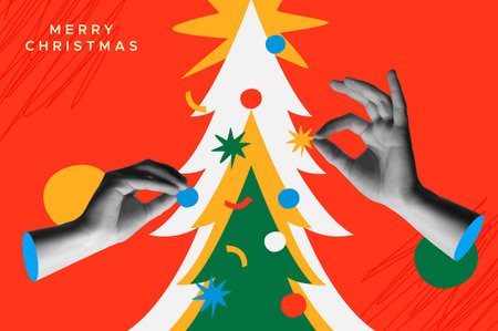 Merry Christmas greeting card vector illustration. Human hands holding seasonal ornament decoration over xmas tree. Trendy halftone collage mixed media 90s style and colorful retro flat elements design.のイラスト素材