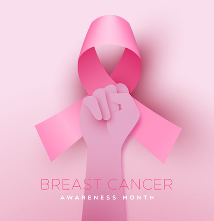 Breast Cancer awareness month card illustration. 3d Pink ribbon and hand fist up power in papercut papercut craft style. Pink paper cut vector design concept for disease prevention or october support campaign.のイラスト素材