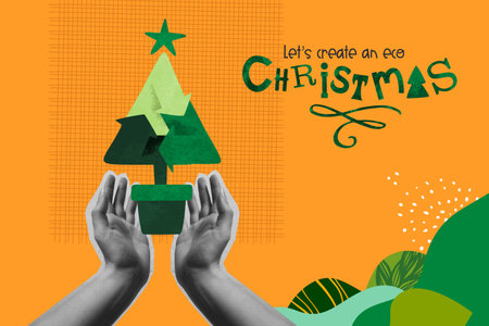 Green Christmas greeting card vector illustration design. Pine tree with recycle symbol for eco friendly holiday concept. Human hands in trendy halftone collage mixed media 90s style for holiday celebration event.のイラスト素材