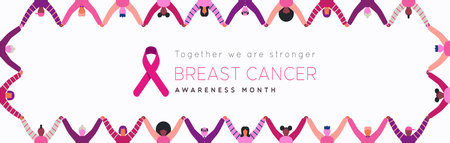 Breast Cancer Awareness month banner illustration. Crowd of diverse people holding hands raised together in frame shape on isolated white background. Campaign concept for prevention or women health care.のイラスト素材