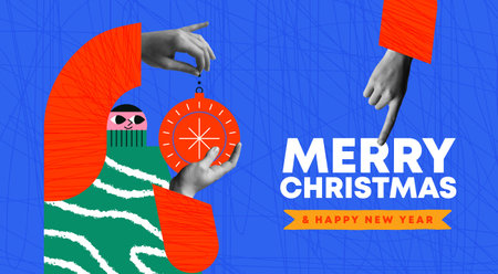 Merry Christmas Happy New Year greeting card vector illustration. Young man character with xmas ornament in modern flat cartoon design and human hands in trendy halftone collage mixed media 90s style.のイラスト素材