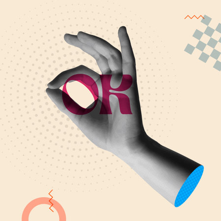 Human hand showing the ok gesture and text in retro collage 90s style vector illustration. Concept of approval, agree; successful and consent.のイラスト素材