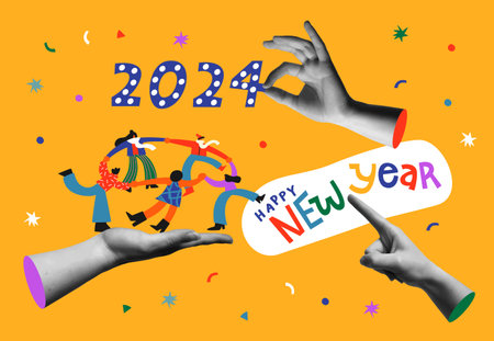 Happy New Year 2024 vector illustration concept. Collage with human hands and group of diverse friends dancing in flat cartoon and trendy halftone mixed media 90s style.のイラスト素材
