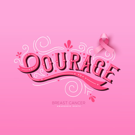 Breast Cancer Awareness Month courage lettering quote illustration for confidence in healing, lifestyle challenge or concept. Campaign for prevention or women health care. Retro style typography design.のイラスト素材