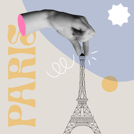 Tourism in Paris France card vector illustration. Human hand holding a Eiffel tower in trendy halftone retro collage mixed media 90s style with flat and line art elements. European tourism concept.のイラスト素材