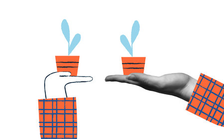 Environmental care card vector illustration. Human hands holding potted plant in trendy halftone retro collage mixed media 90s style with flat line art elements. Concept for ecology, nature care and world environment dayのイラスト素材